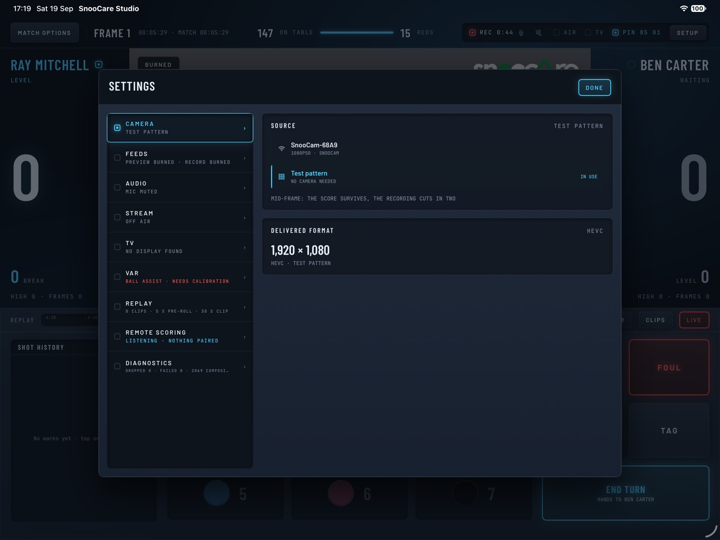 The camera section of the settings sheet, delivering 1,920 by 1,080.