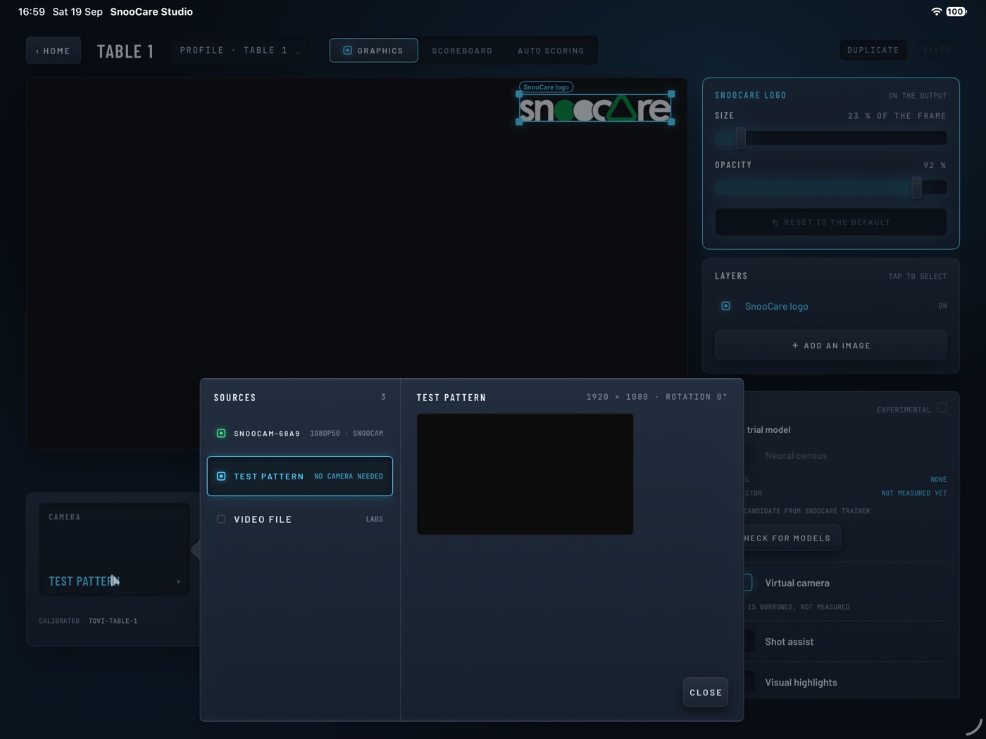 The Sources list with a SnooCam box, Test pattern and Video file.