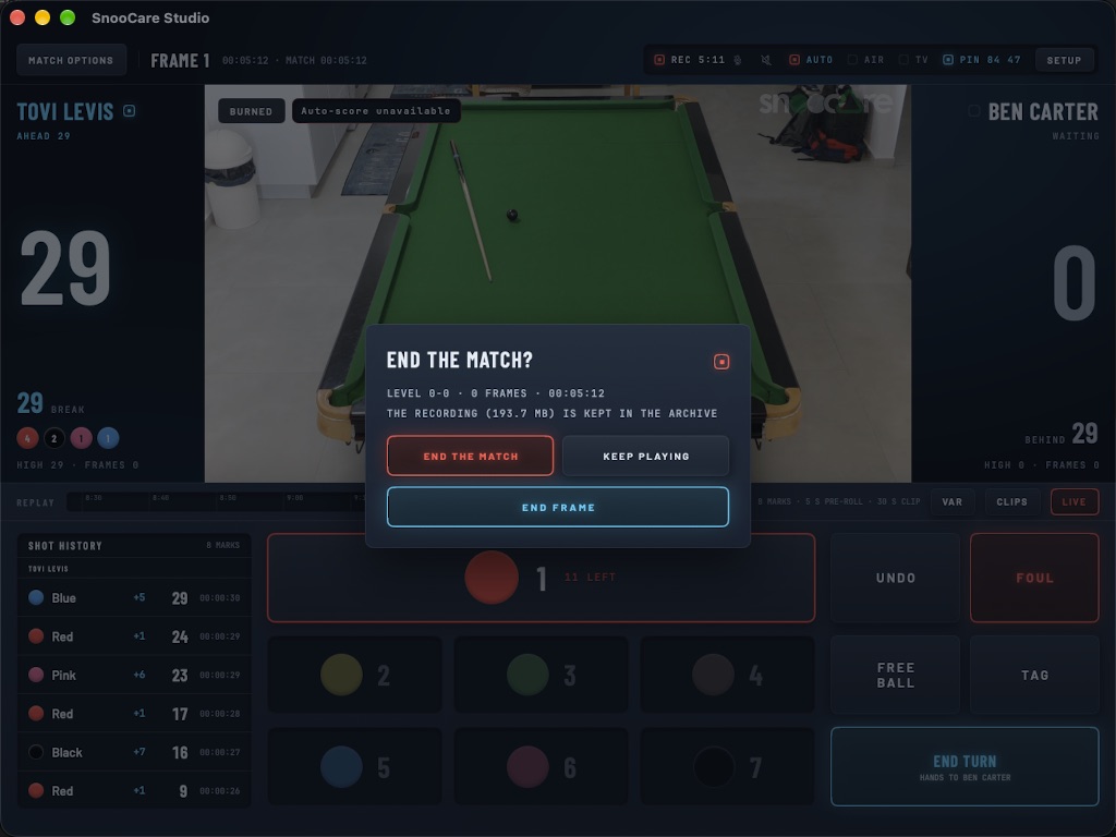 The end the match prompt with End the match, Keep playing and End frame keys.