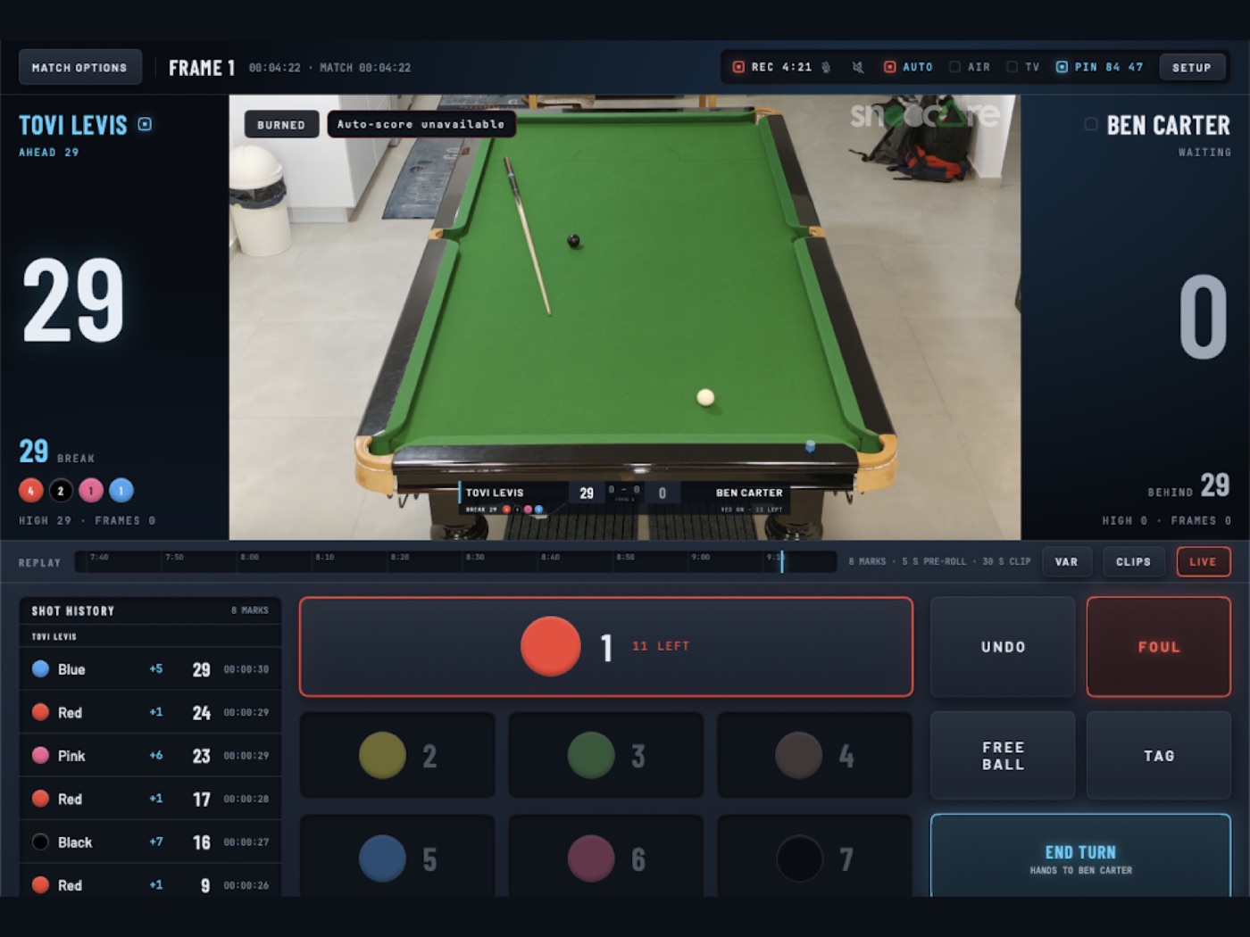The scoring screen during a frame: the table picture, Tovi Levis 29 against Ben Carter 0, the shot history and the ball keys.