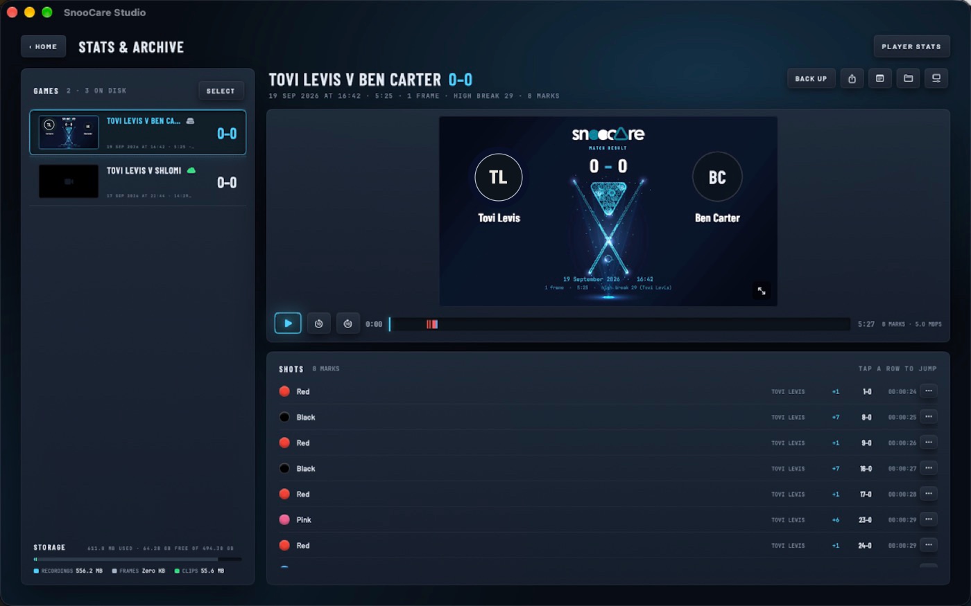 Stats and archive on the Mac: the game list, the match card, the video and the shot table.