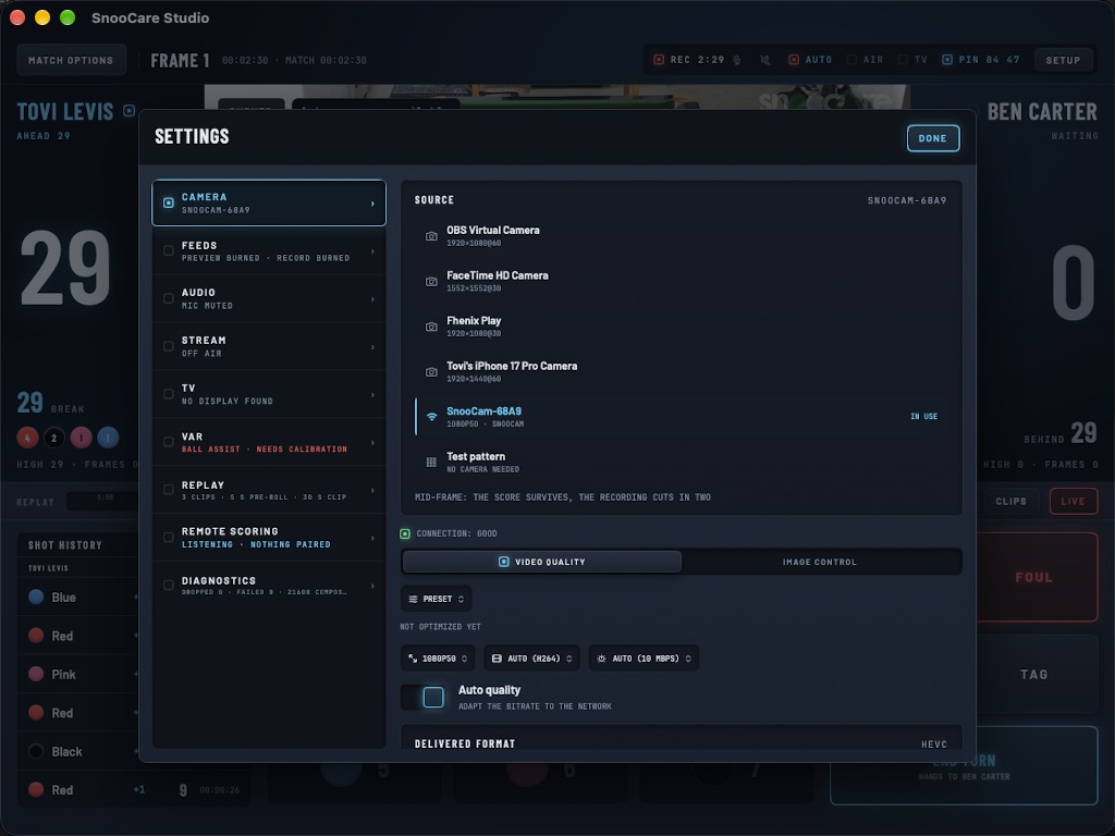Camera settings on the Mac listing OBS, FaceTime HD camera, a SnooCam box and the test pattern, with the quality controls.