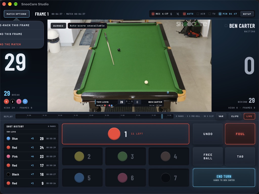 The match options menu: re-rack this frame, end this frame, end the match.