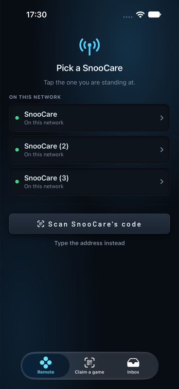 SnooCare Phone listing three SnooCare tables on the network, with a key to scan the code.