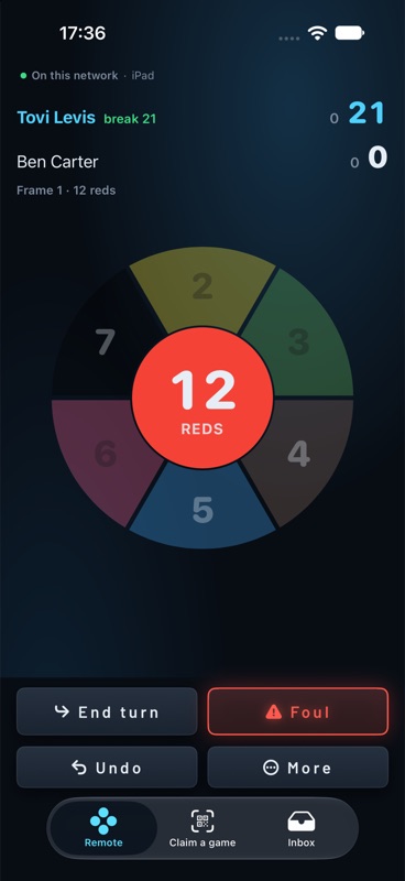 The iPhone scoring wheel with the reds count in the middle and the break below.