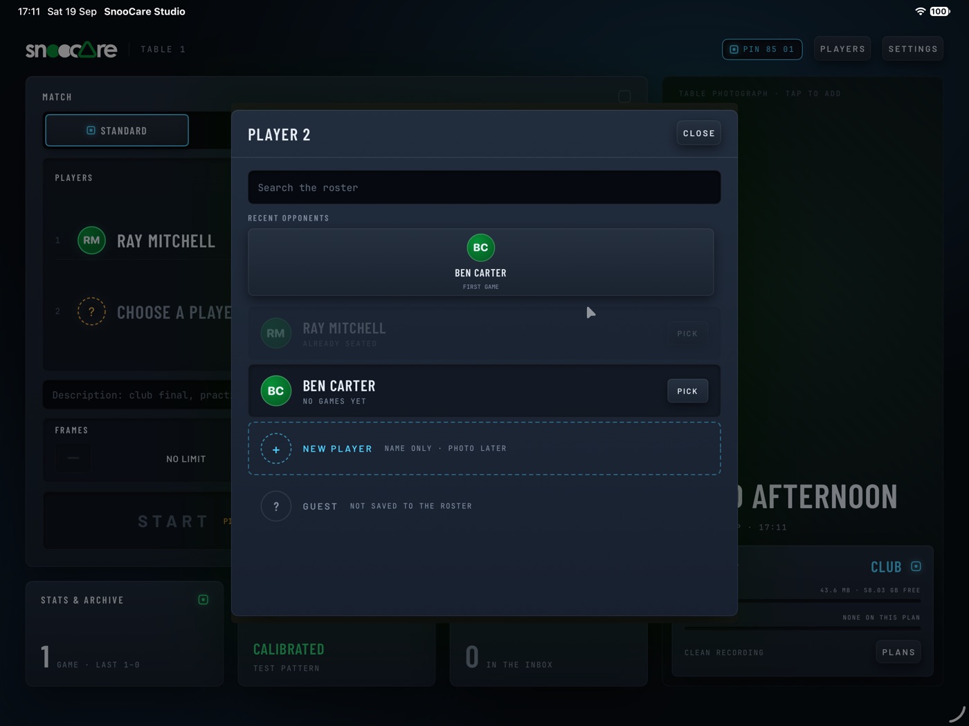 The Player 2 picker: recent opponents at the top, the roster below, each row with a Pick key.