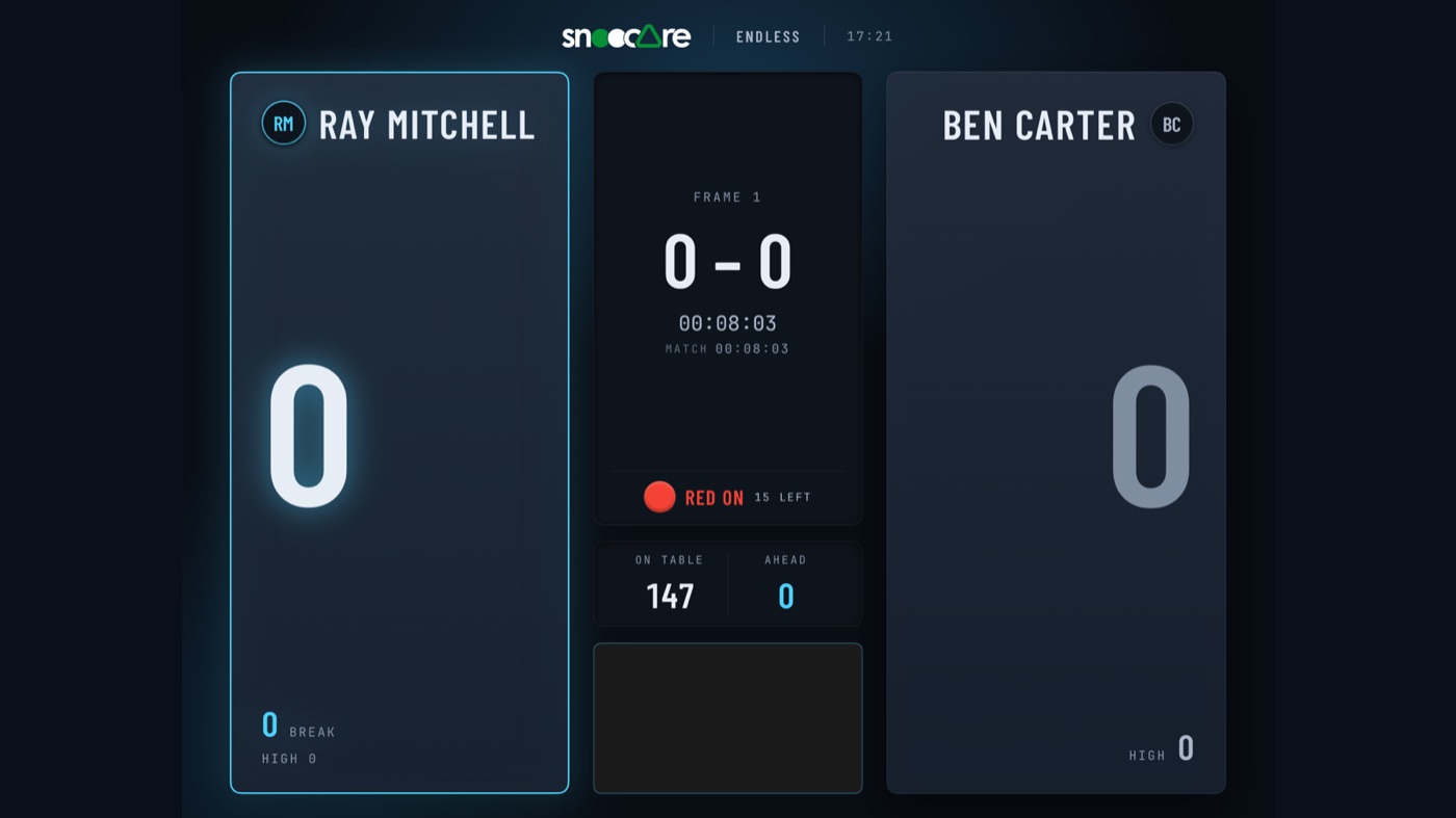 The scoreboard on a TV: Ray Mitchell 0, Ben Carter 0, frame 1, red on, 147 on the table.