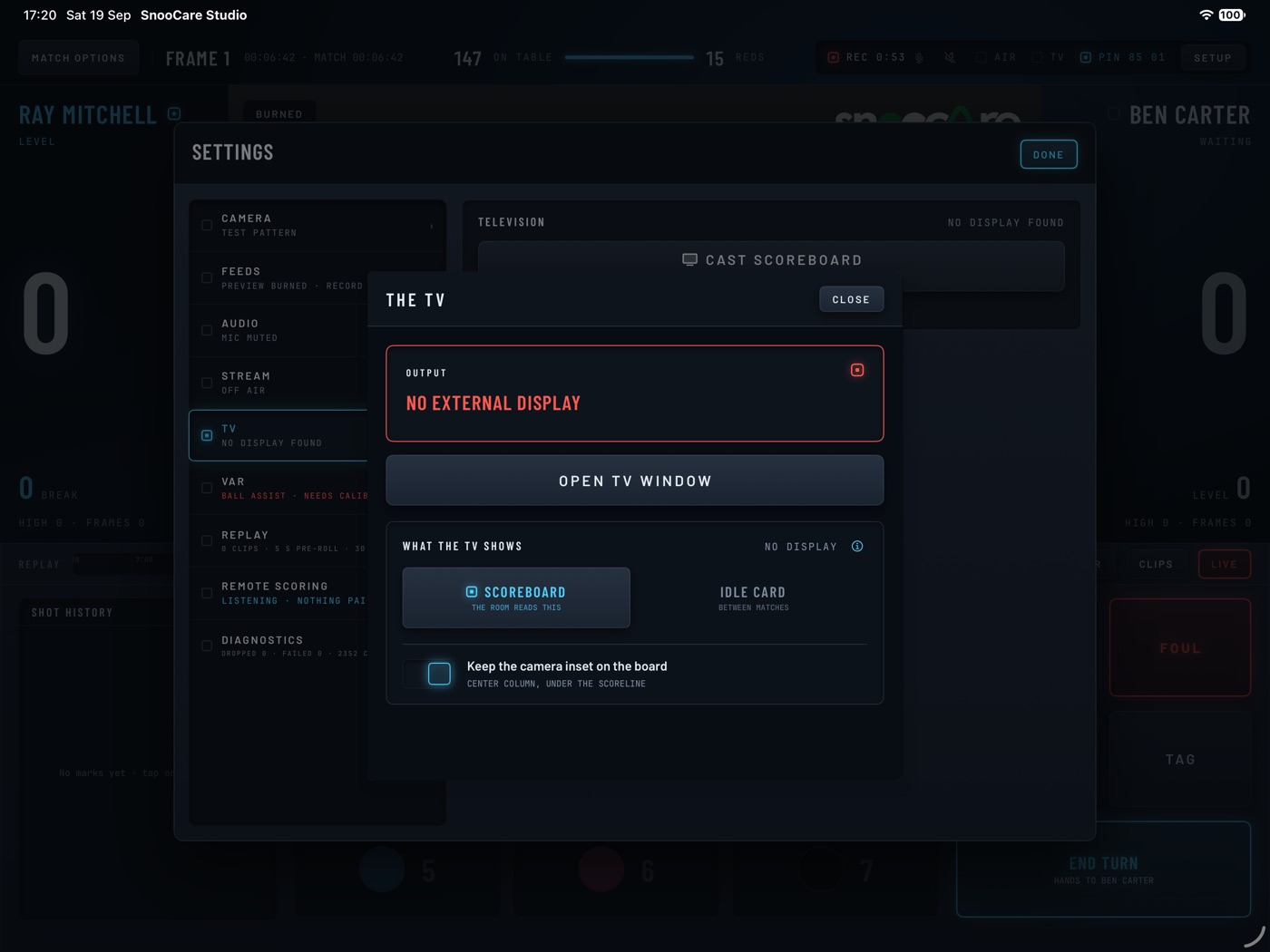 The TV sheet: no external display, Open TV window, and the Scoreboard or Idle card choice.