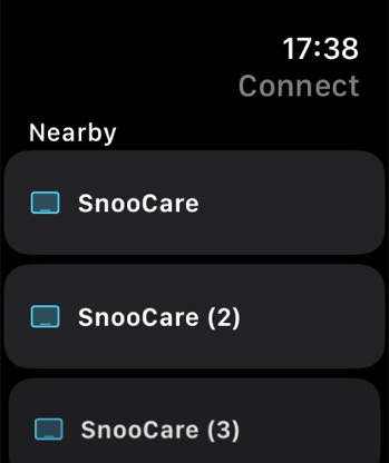 The watch Connect screen listing nearby SnooCare tables.