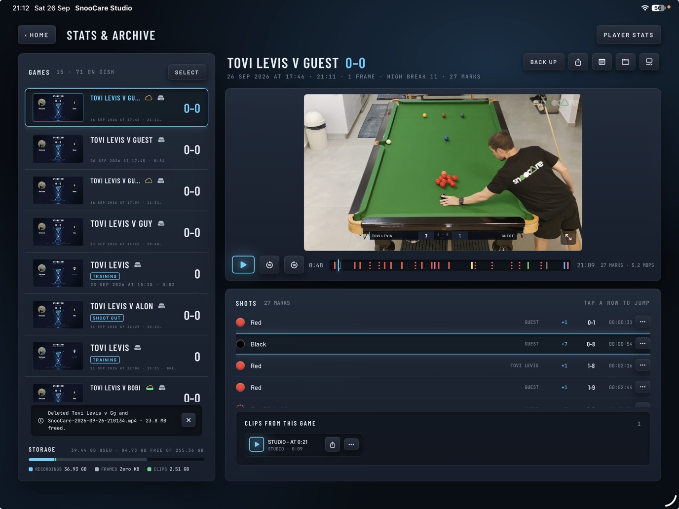 Stats and archive in SnooCare Studio: the list of games, a frame's video and its shot history.