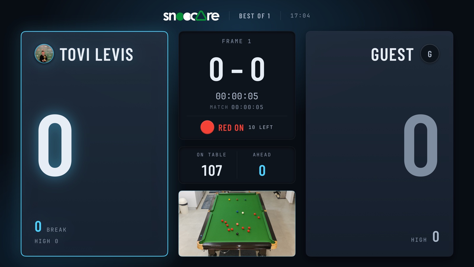 The SnooCare scoreboard filling a TV: two players, the frame score, the clocks, the ball on and a live picture of the table.